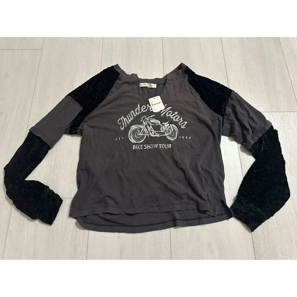NWT Free People Top Velvet Leopard Sz‎ S Thunder Motors Motorcycle Gray $98
